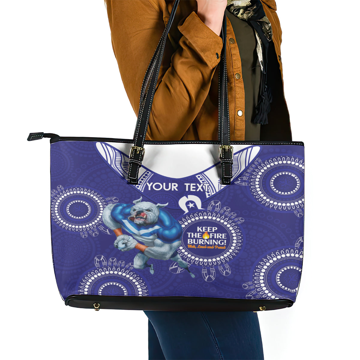 Custom NRL Bulldogs NAIDOC Week Leather Tote Bag Keep The Fire Burning Indigenous Art