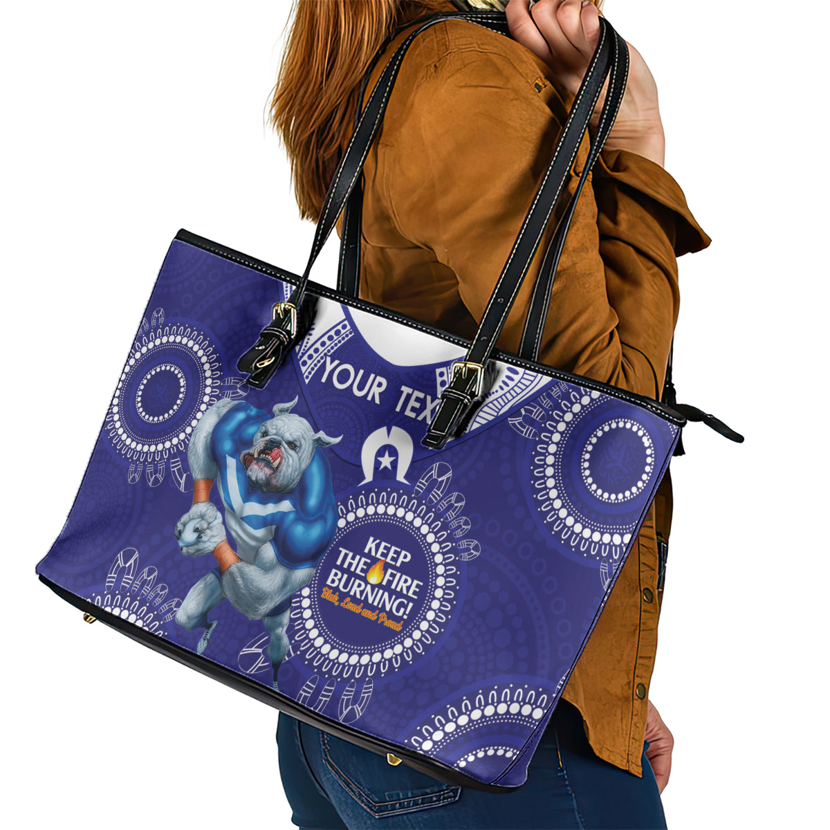 Custom NRL Bulldogs NAIDOC Week Leather Tote Bag Keep The Fire Burning Indigenous Art