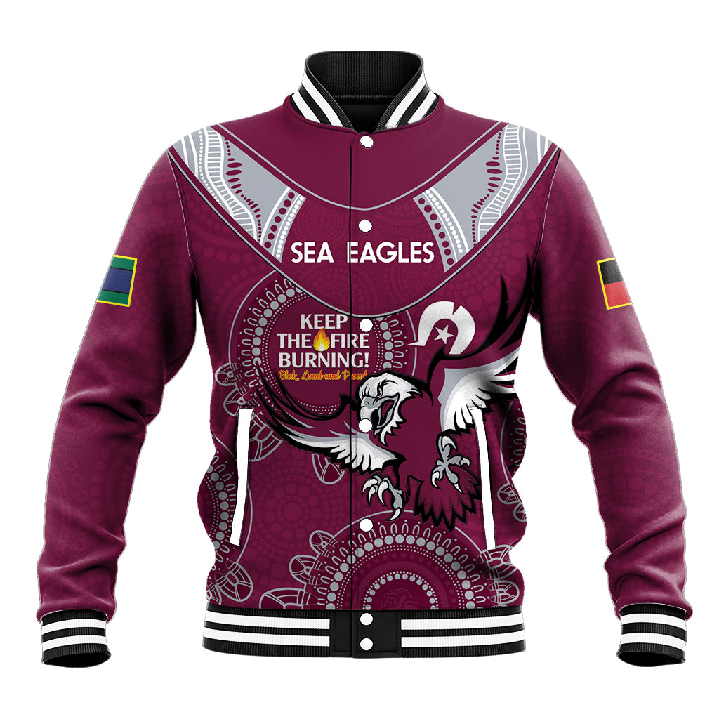 Custom NRL Sea Eagles NAIDOC Week Baseball Jacket Keep The Fire Burning Indigenous Art