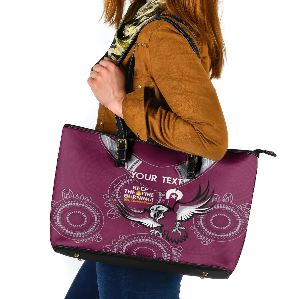 Custom NRL Sea Eagles NAIDOC Week Leather Tote Bag Keep The Fire Burning Indigenous Art