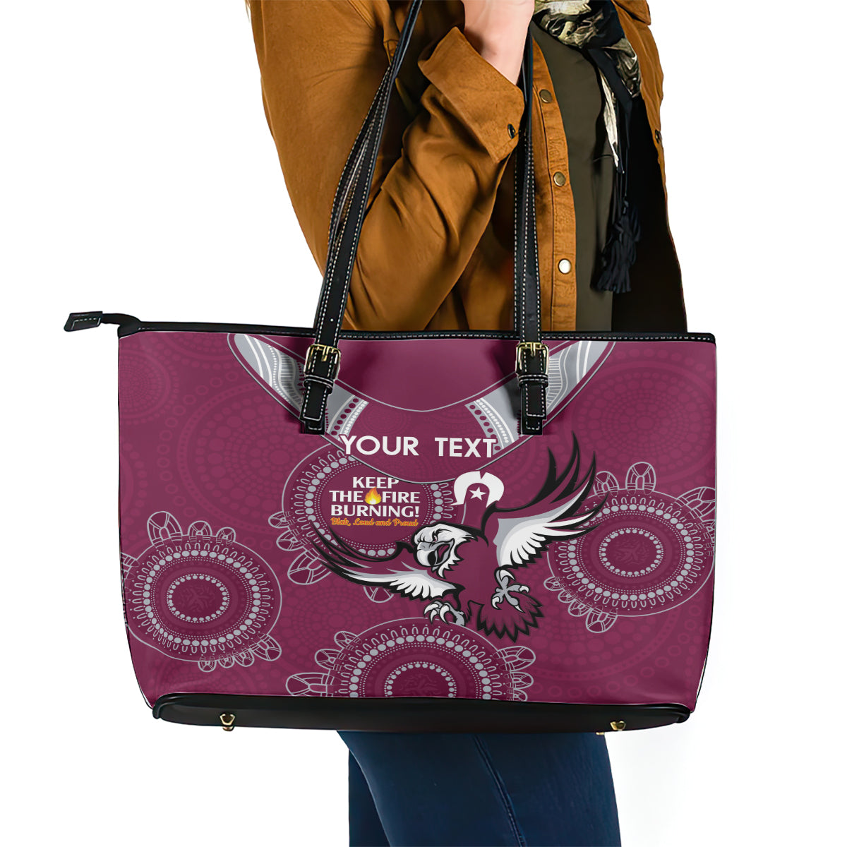 Custom NRL Sea Eagles NAIDOC Week Leather Tote Bag Keep The Fire Burning Indigenous Art