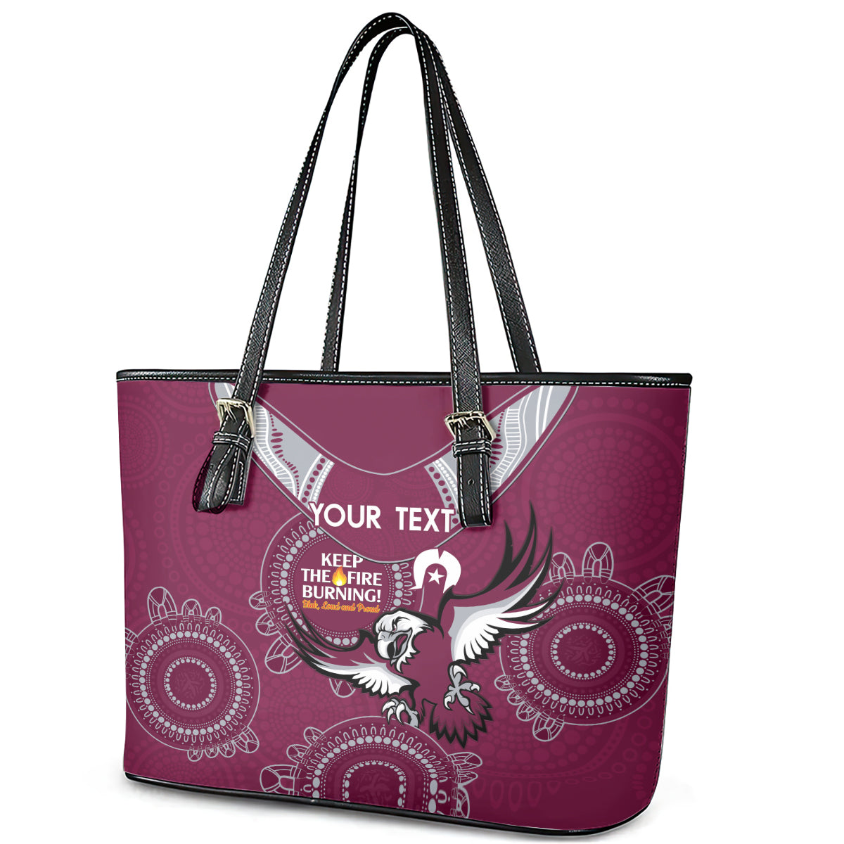 Custom NRL Sea Eagles NAIDOC Week Leather Tote Bag Keep The Fire Burning Indigenous Art