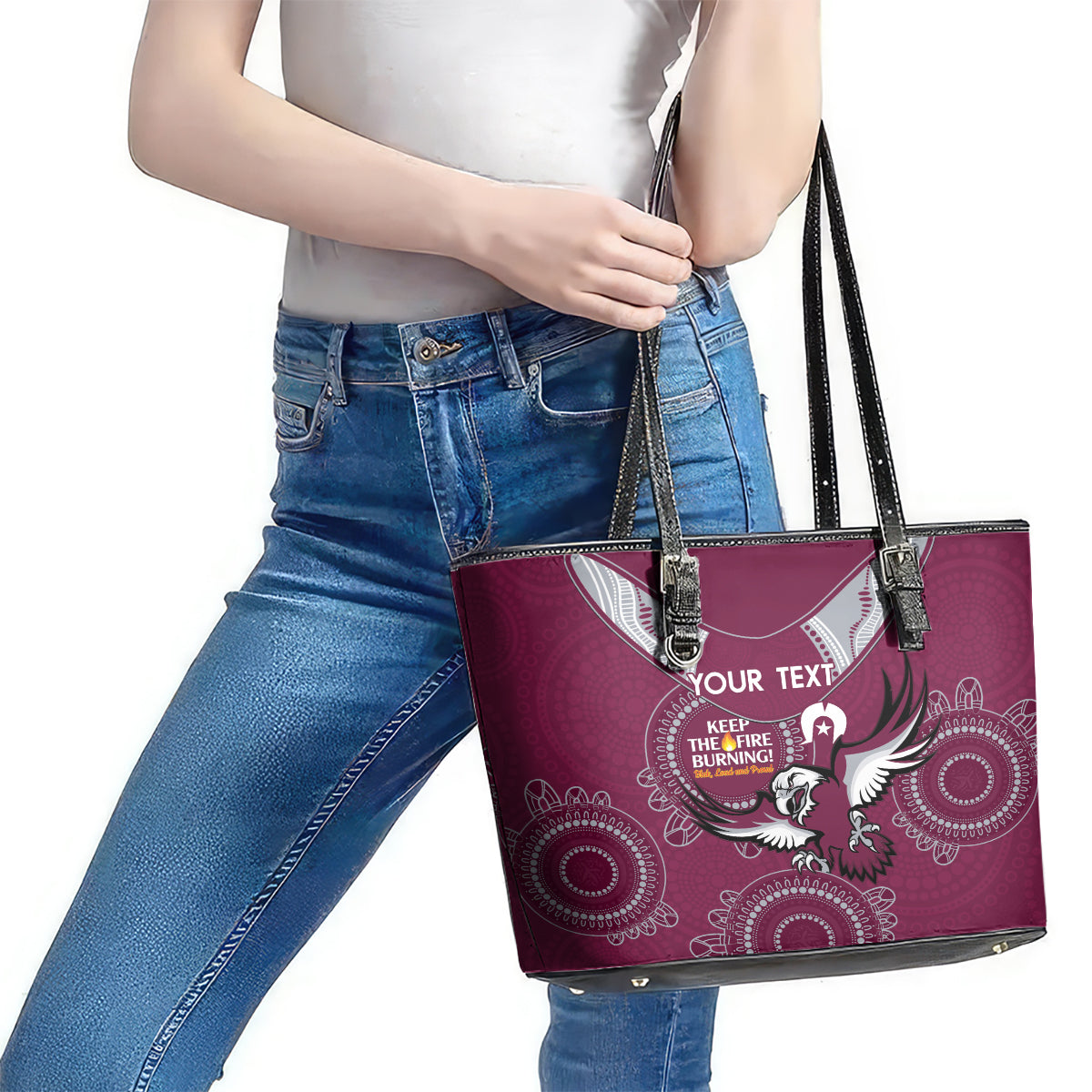 Custom NRL Sea Eagles NAIDOC Week Leather Tote Bag Keep The Fire Burning Indigenous Art