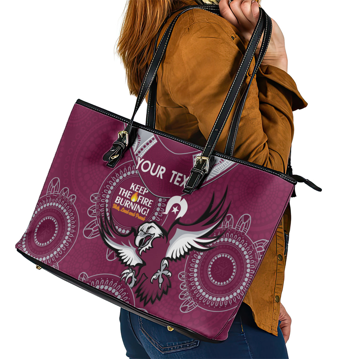 Custom NRL Sea Eagles NAIDOC Week Leather Tote Bag Keep The Fire Burning Indigenous Art