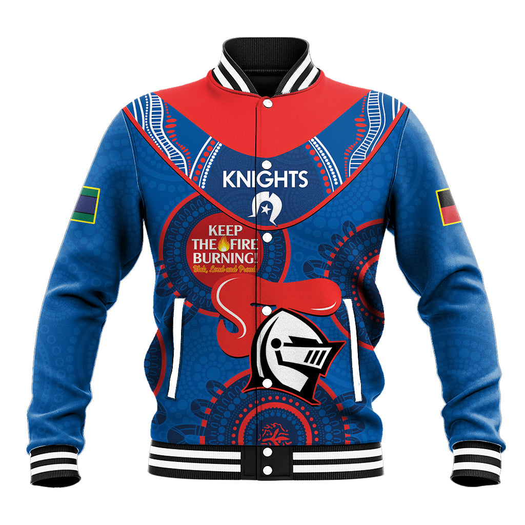 Custom NRL Knights NAIDOC Week Baseball Jacket Keep The Fire Burning Indigenous Art