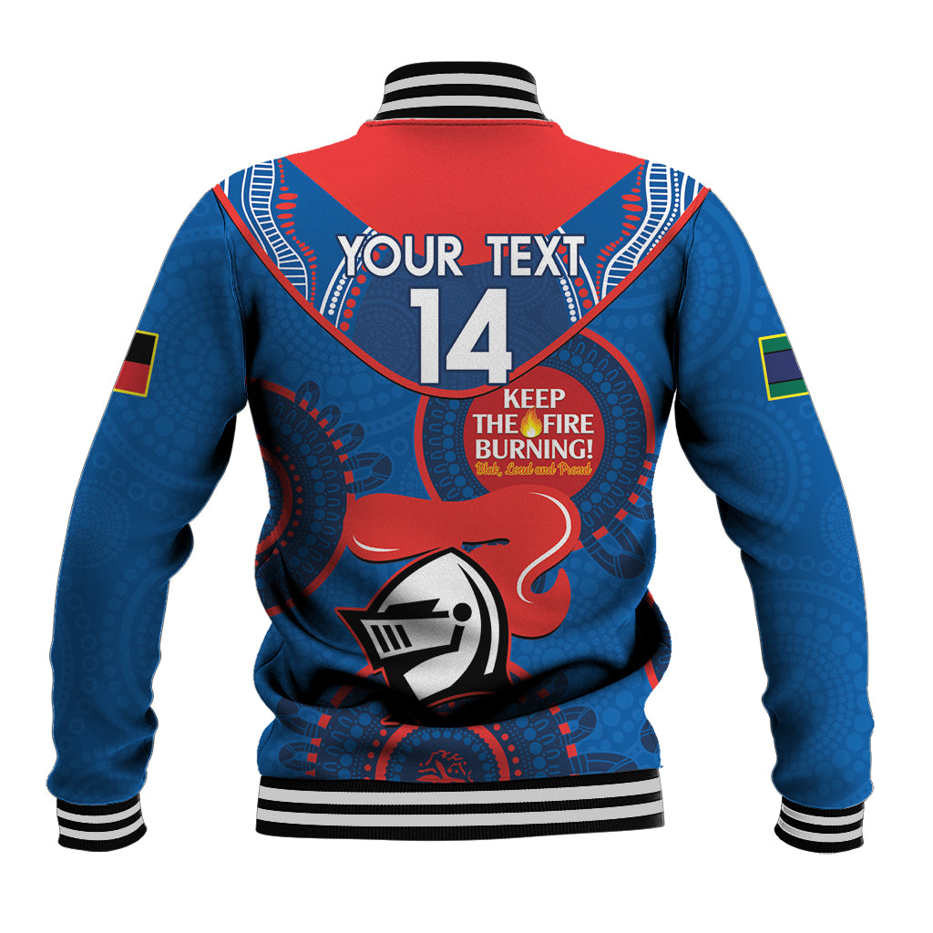 Custom NRL Knights NAIDOC Week Baseball Jacket Keep The Fire Burning Indigenous Art