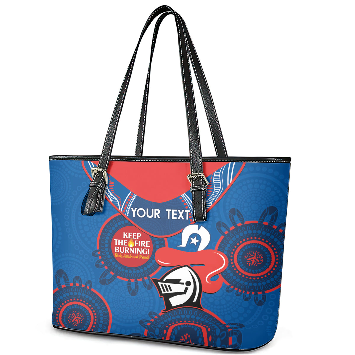 Custom NRL Knights NAIDOC Week Leather Tote Bag Keep The Fire Burning Indigenous Art