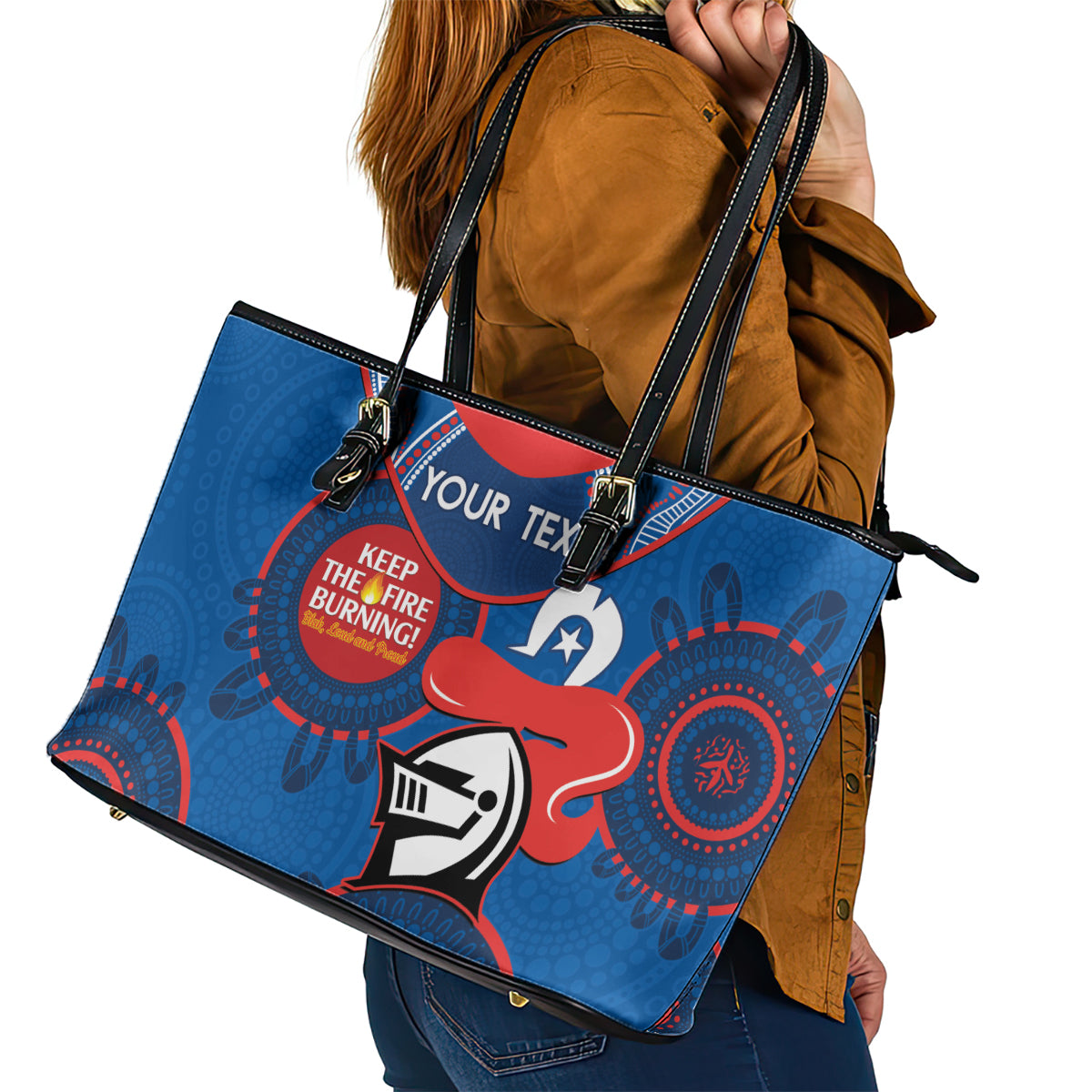 Custom NRL Knights NAIDOC Week Leather Tote Bag Keep The Fire Burning Indigenous Art