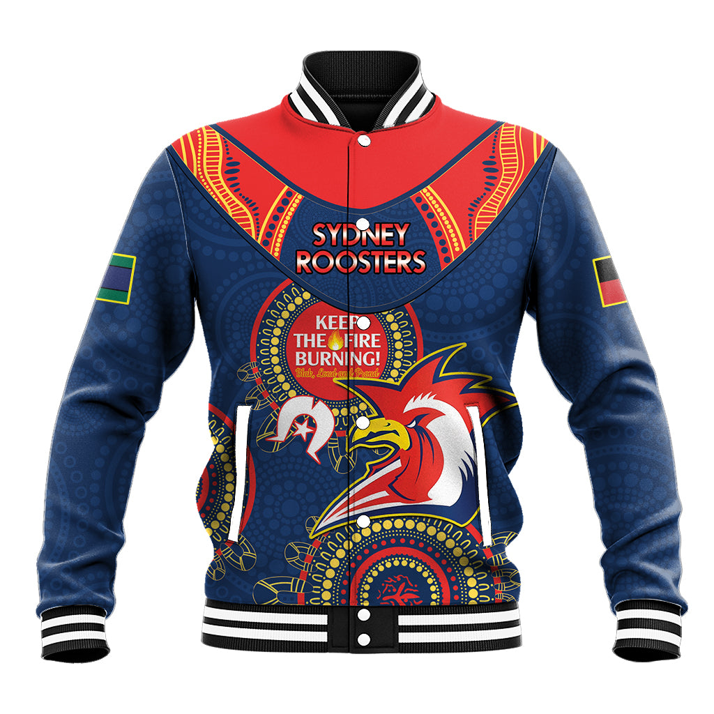 Custom NRL Roosters NAIDOC Week Baseball Jacket Keep The Fire Burning Indigenous Art