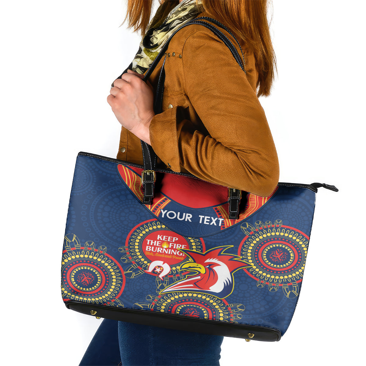 Custom NRL Roosters NAIDOC Week Leather Tote Bag Keep The Fire Burning Indigenous Art