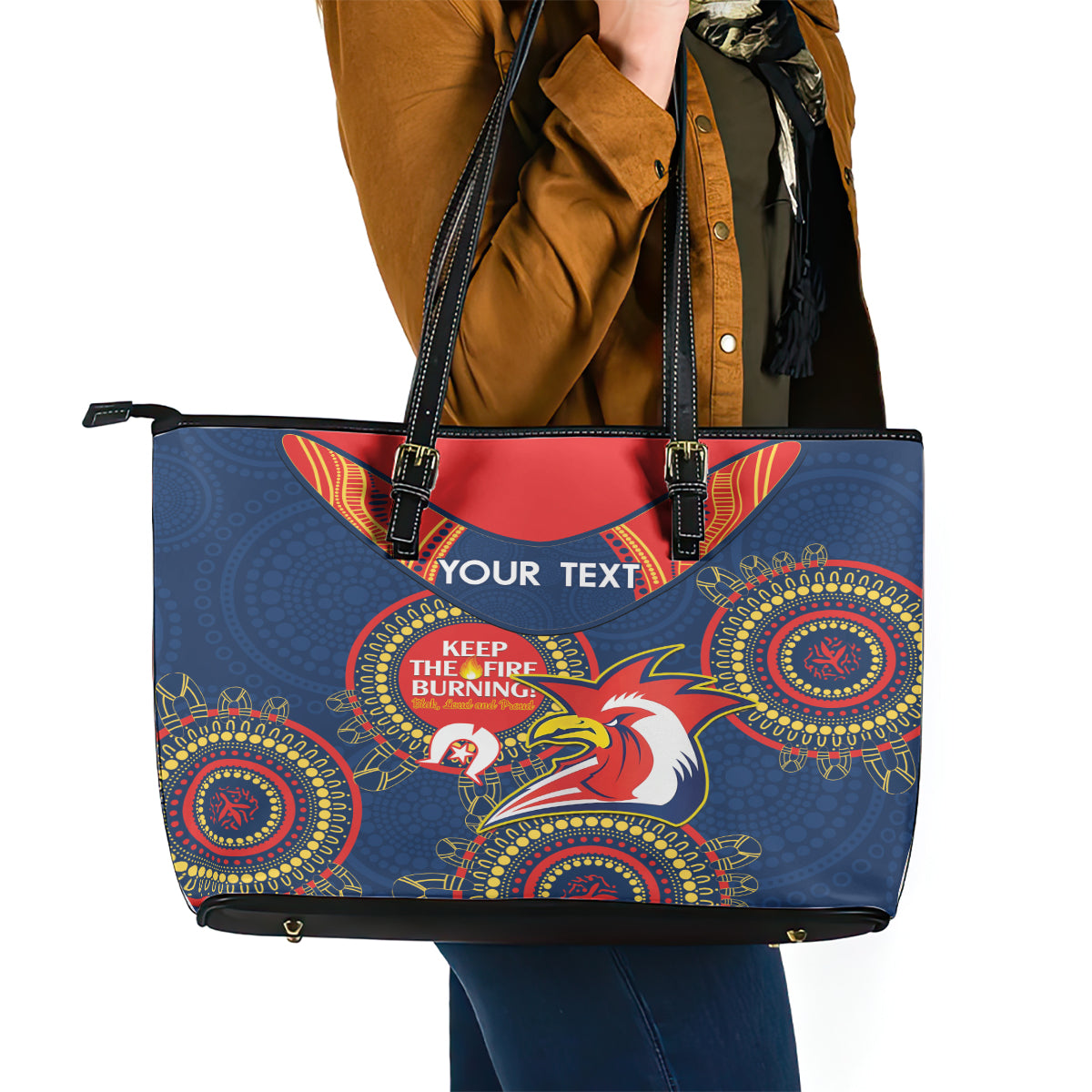 Custom NRL Roosters NAIDOC Week Leather Tote Bag Keep The Fire Burning Indigenous Art