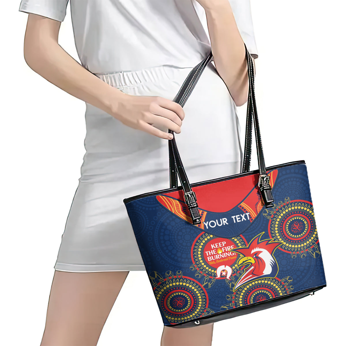 Custom NRL Roosters NAIDOC Week Leather Tote Bag Keep The Fire Burning Indigenous Art