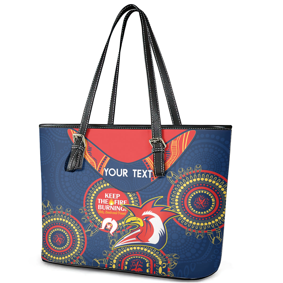 Custom NRL Roosters NAIDOC Week Leather Tote Bag Keep The Fire Burning Indigenous Art