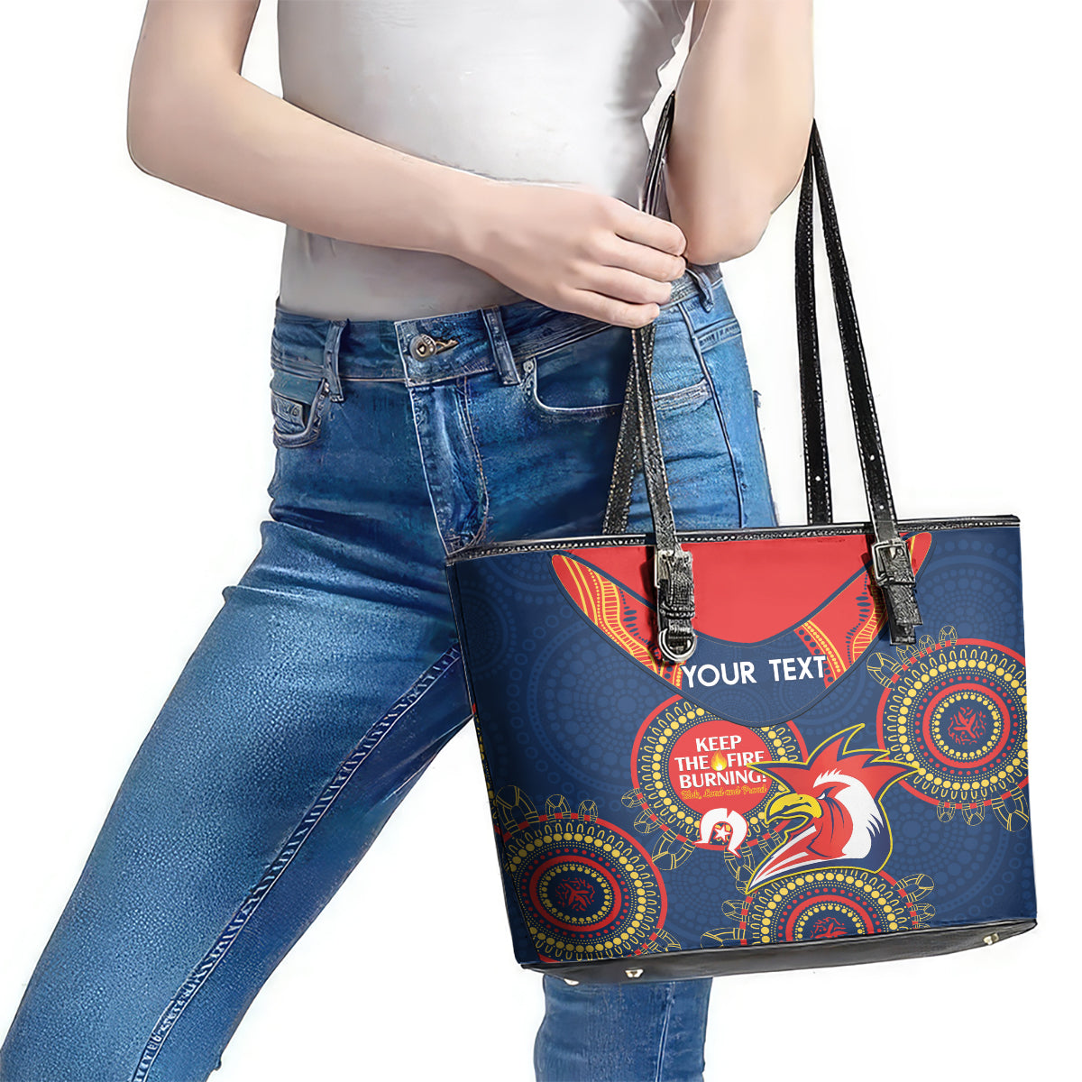 Custom NRL Roosters NAIDOC Week Leather Tote Bag Keep The Fire Burning Indigenous Art