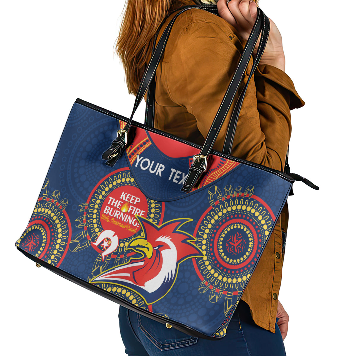 Custom NRL Roosters NAIDOC Week Leather Tote Bag Keep The Fire Burning Indigenous Art