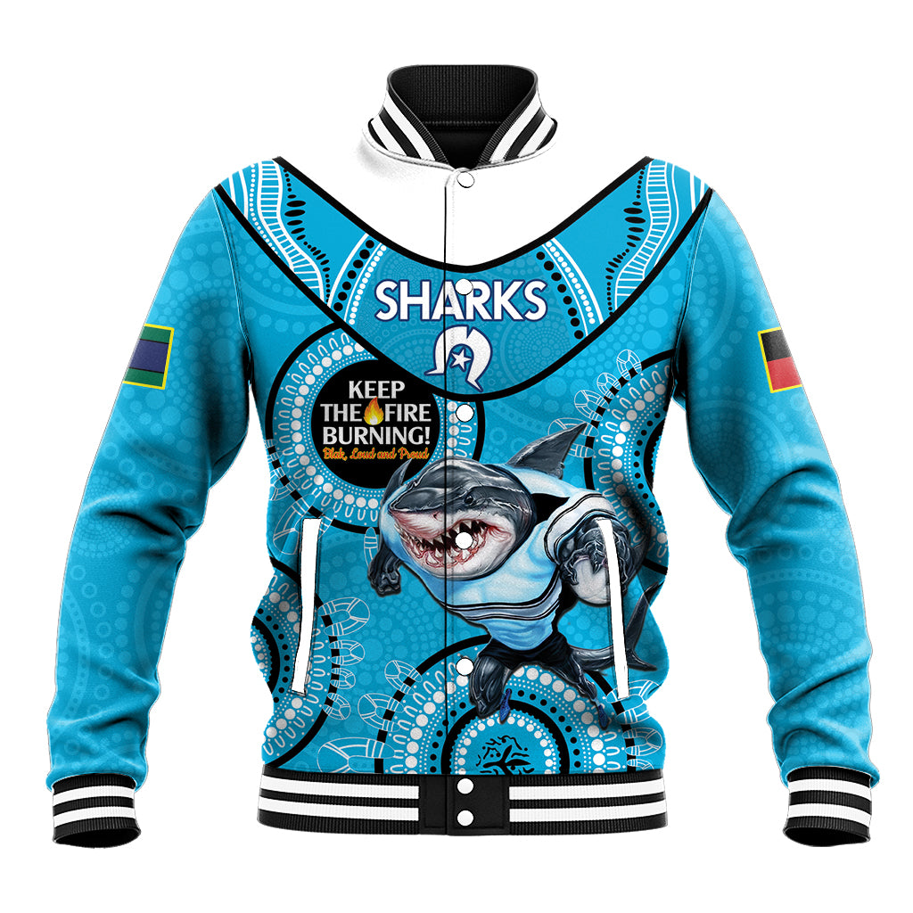 Custom NRL Sharks NAIDOC Week Baseball Jacket Keep The Fire Burning Indigenous Art