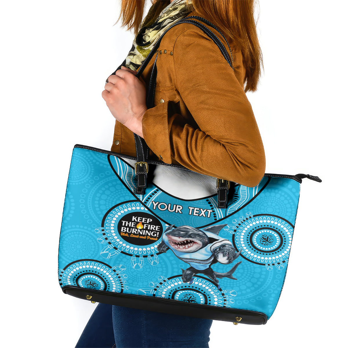 Custom NRL Sharks NAIDOC Week Leather Tote Bag Keep The Fire Burning Indigenous Art