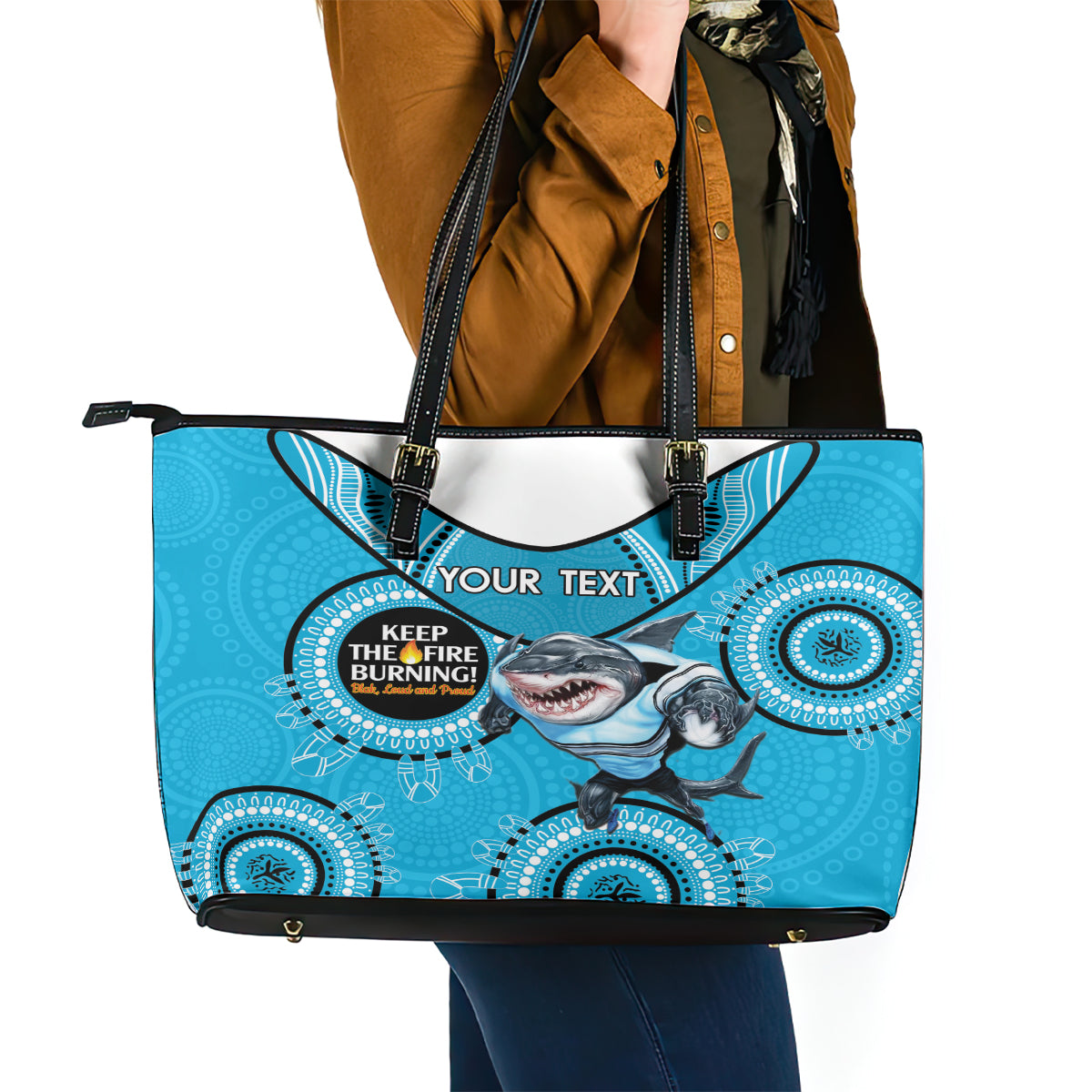 Custom NRL Sharks NAIDOC Week Leather Tote Bag Keep The Fire Burning Indigenous Art