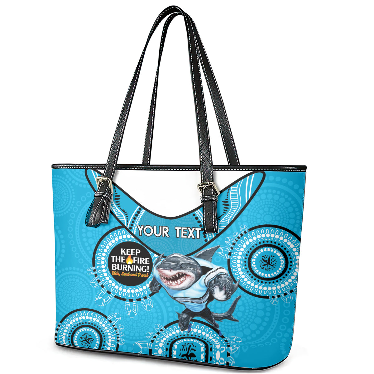 Custom NRL Sharks NAIDOC Week Leather Tote Bag Keep The Fire Burning Indigenous Art