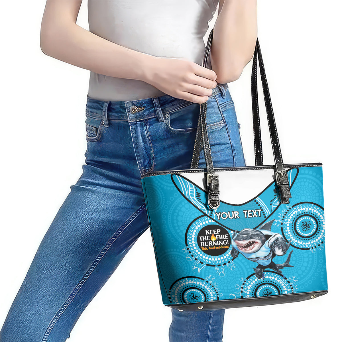 Custom NRL Sharks NAIDOC Week Leather Tote Bag Keep The Fire Burning Indigenous Art