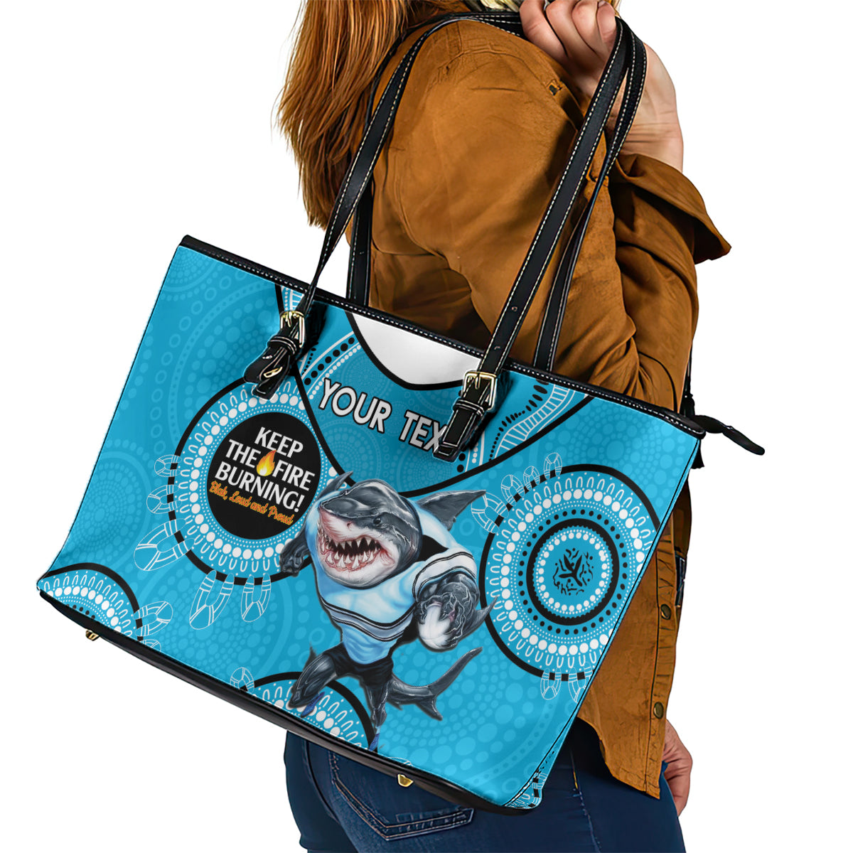 Custom NRL Sharks NAIDOC Week Leather Tote Bag Keep The Fire Burning Indigenous Art