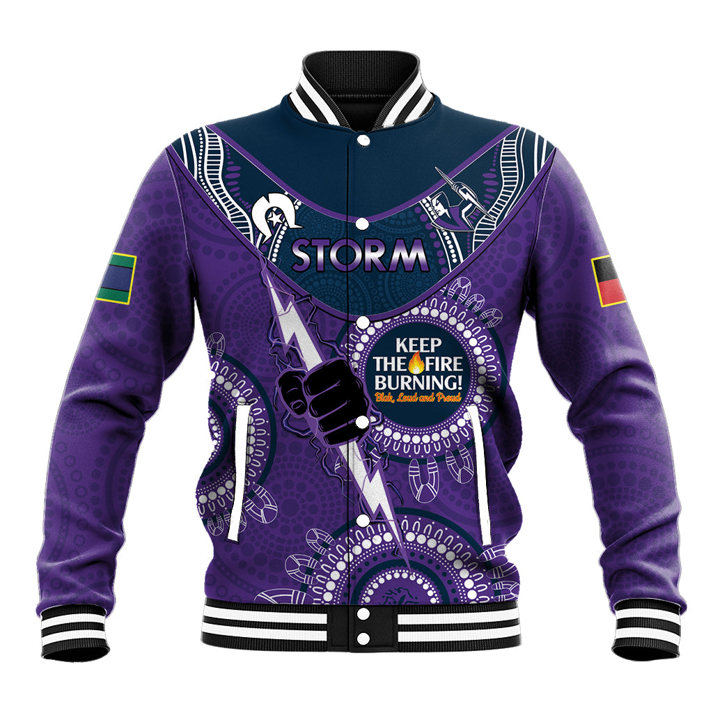 Custom NRL Storm NAIDOC Week Baseball Jacket Keep The Fire Burning Indigenous Art