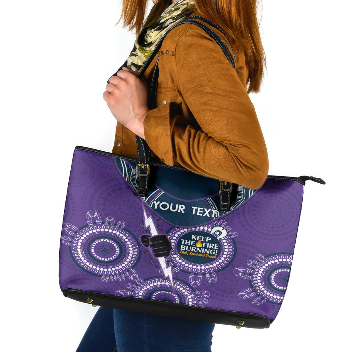 Custom NRL Storm NAIDOC Week Leather Tote Bag Keep The Fire Burning Indigenous Art