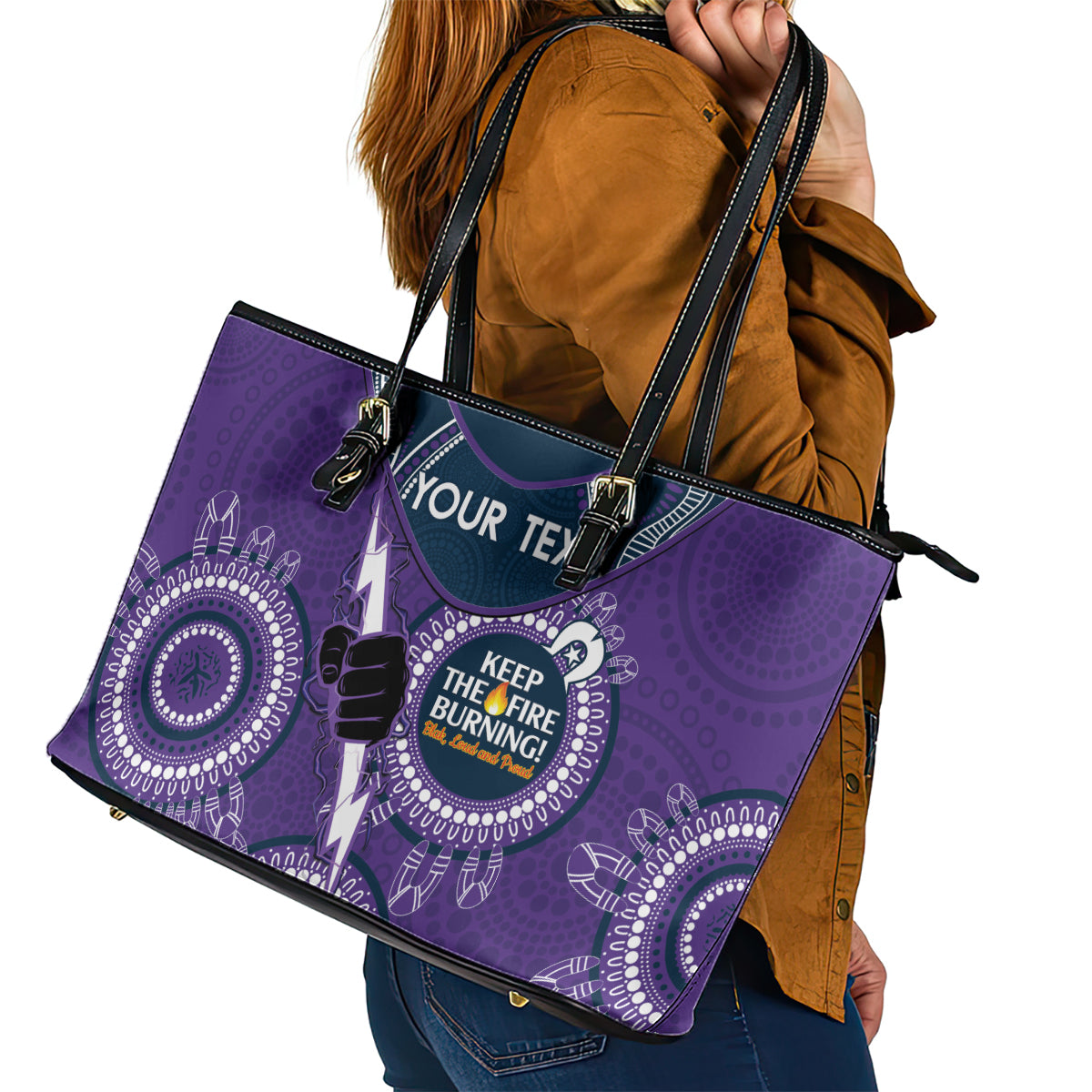 Custom NRL Storm NAIDOC Week Leather Tote Bag Keep The Fire Burning Indigenous Art