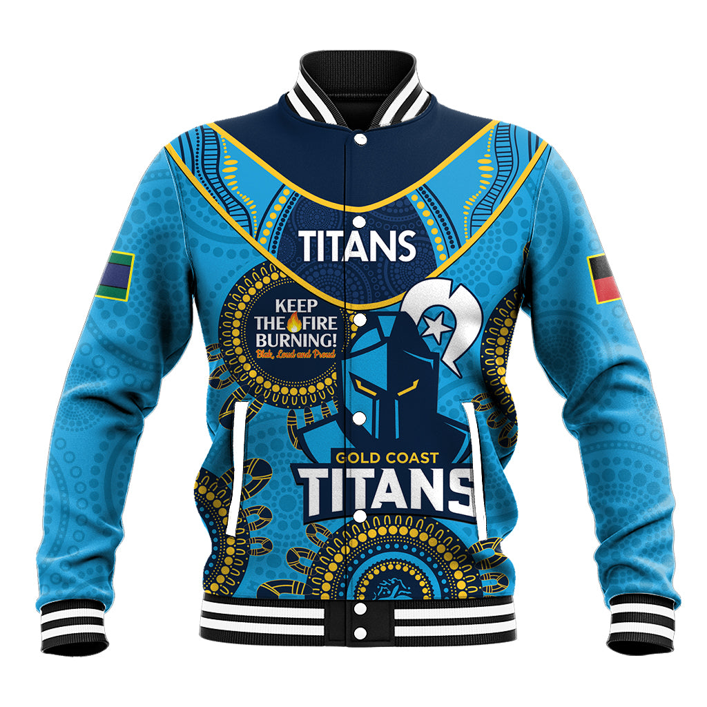 Custom NRL Titans NAIDOC Week Baseball Jacket Keep The Fire Burning Indigenous Art