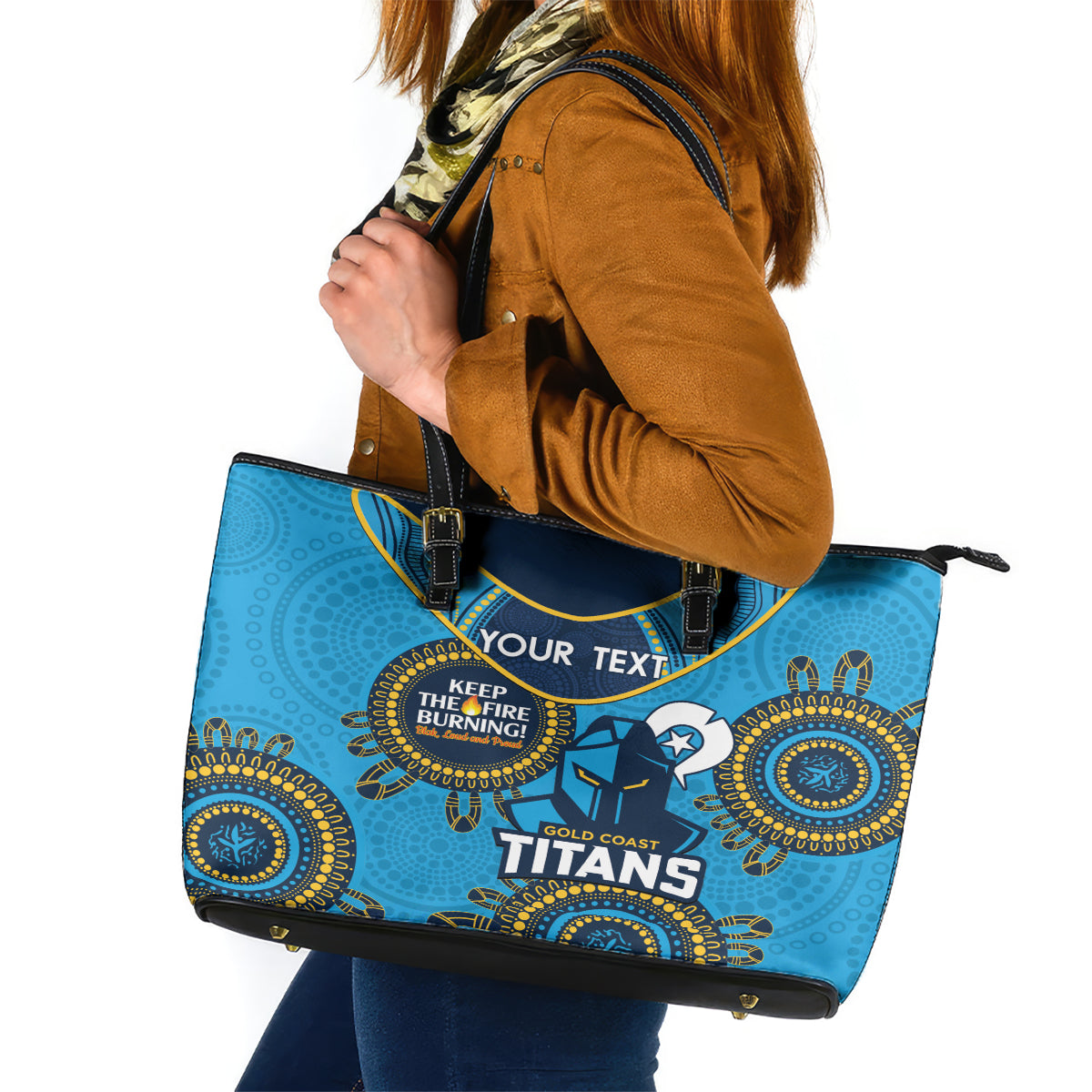 Custom NRL Titans NAIDOC Week Leather Tote Bag Keep The Fire Burning Indigenous Art