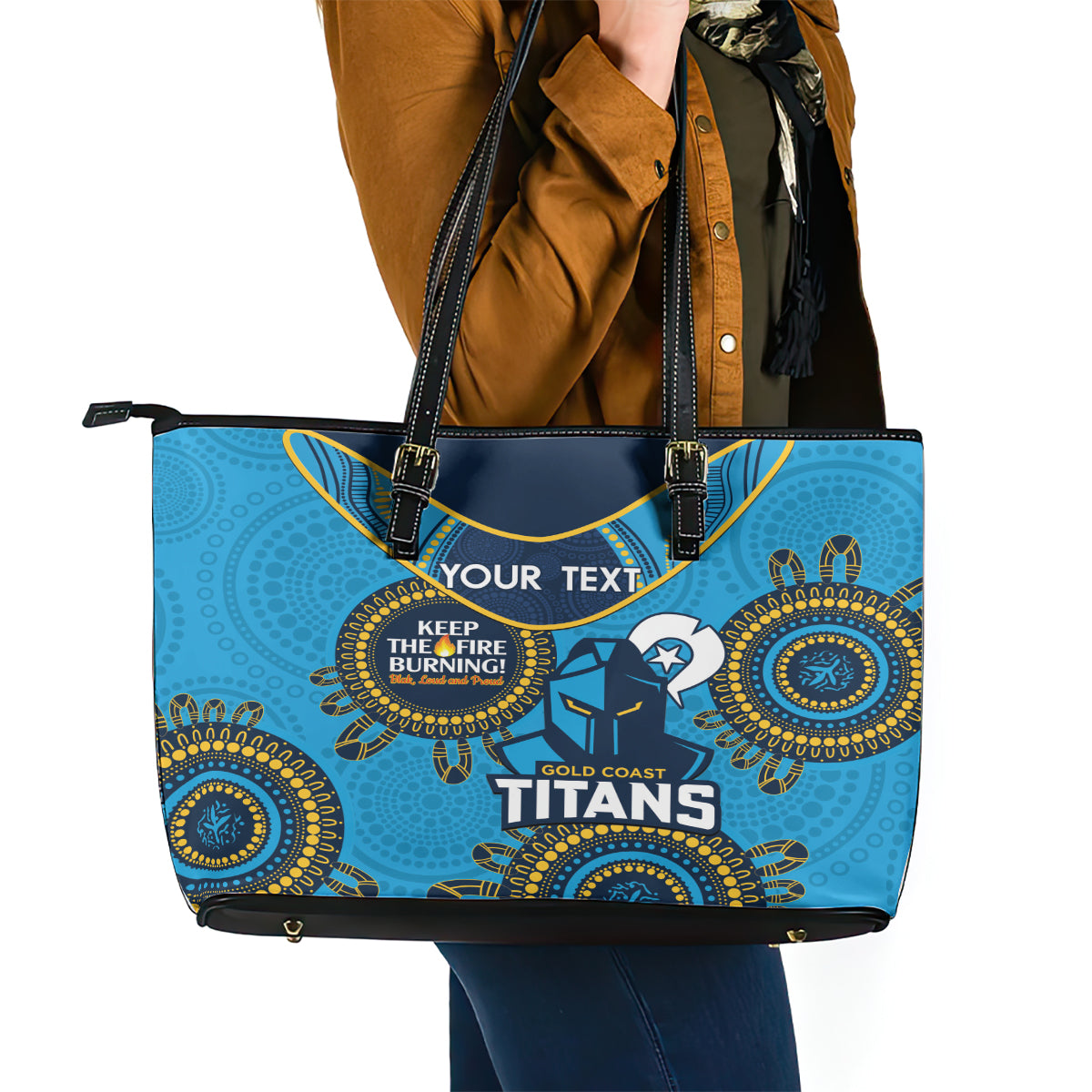 Custom NRL Titans NAIDOC Week Leather Tote Bag Keep The Fire Burning Indigenous Art