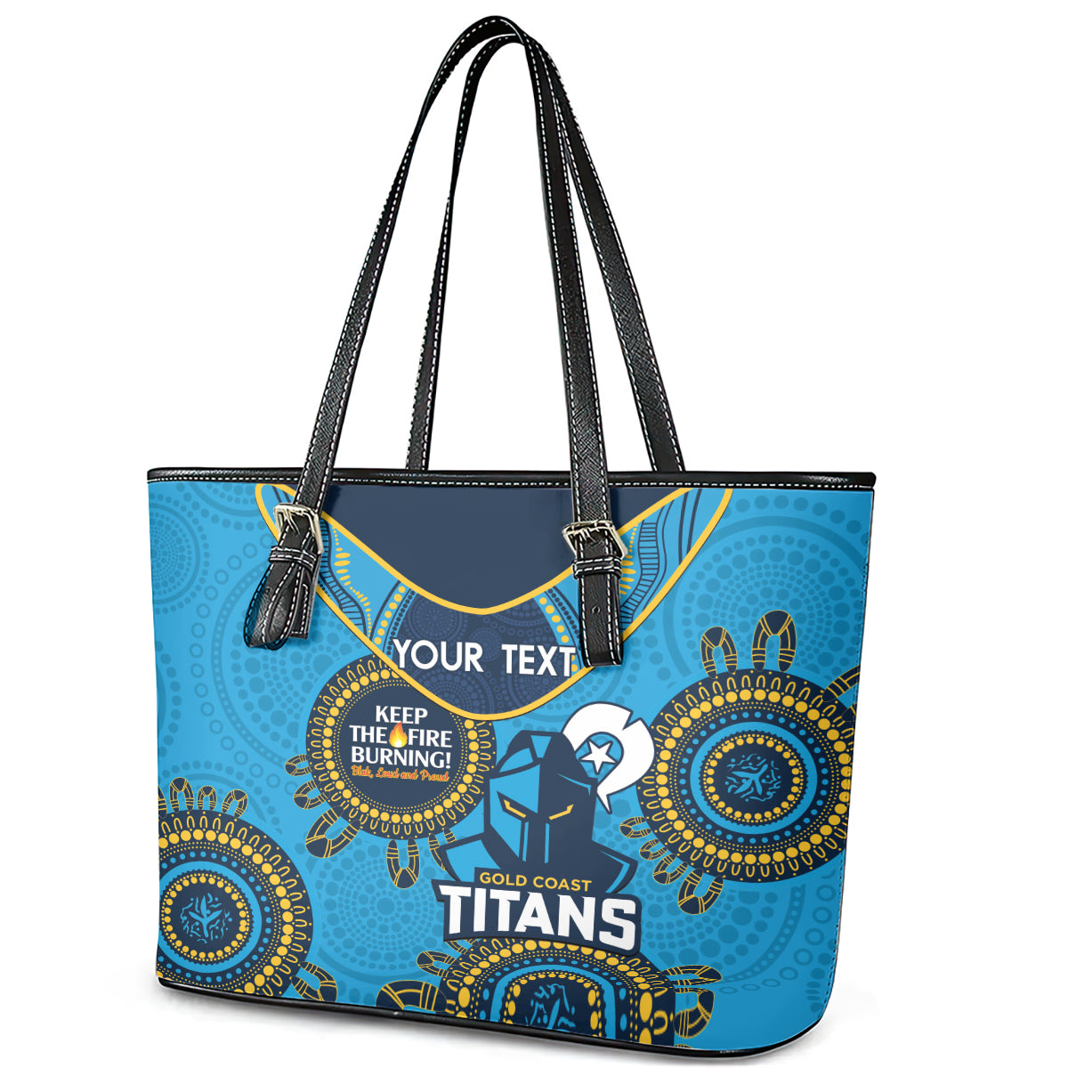 Custom NRL Titans NAIDOC Week Leather Tote Bag Keep The Fire Burning Indigenous Art