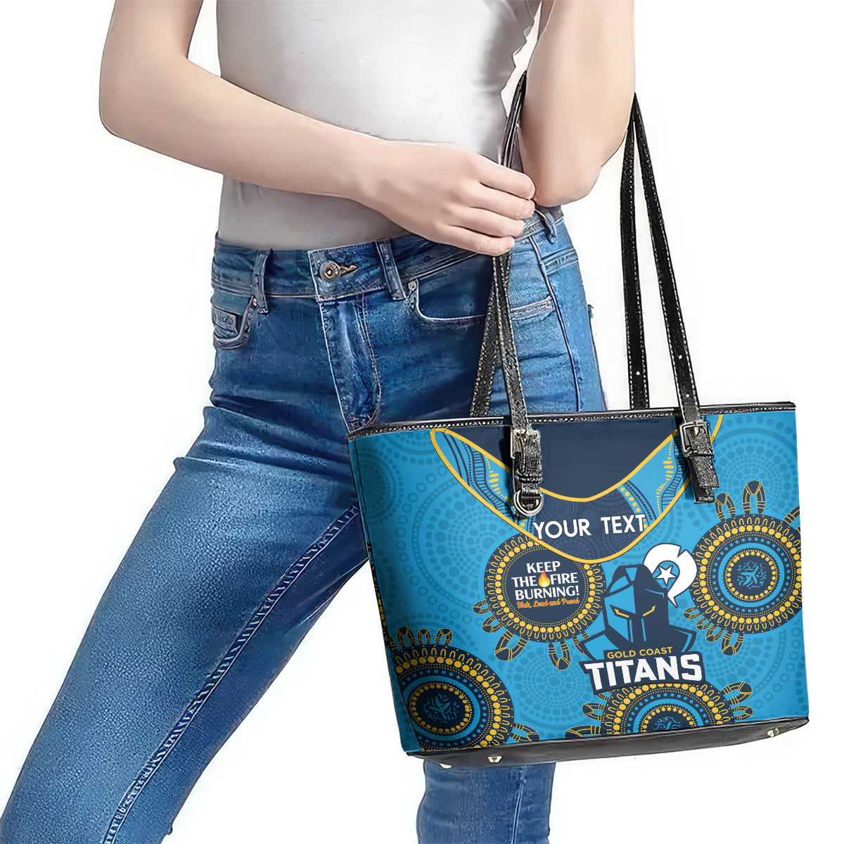 Custom NRL Titans NAIDOC Week Leather Tote Bag Keep The Fire Burning Indigenous Art