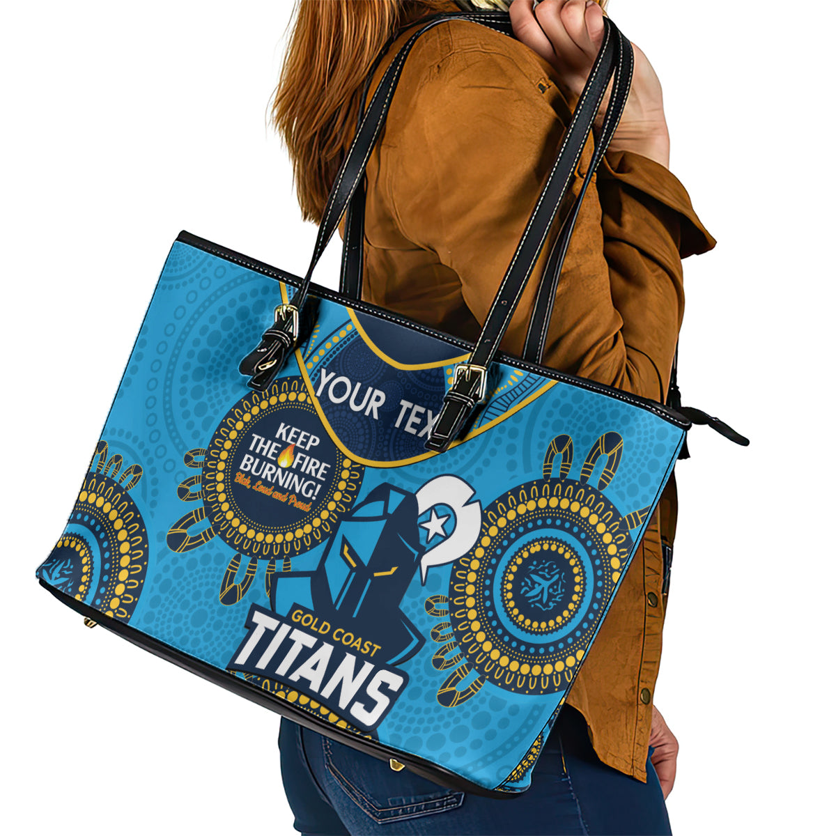 Custom NRL Titans NAIDOC Week Leather Tote Bag Keep The Fire Burning Indigenous Art