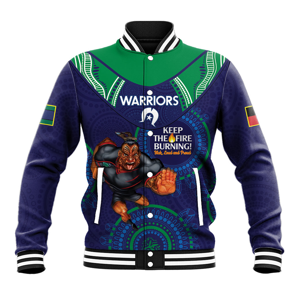 Custom NRL Warriors NAIDOC Week Baseball Jacket Keep The Fire Burning Indigenous Art