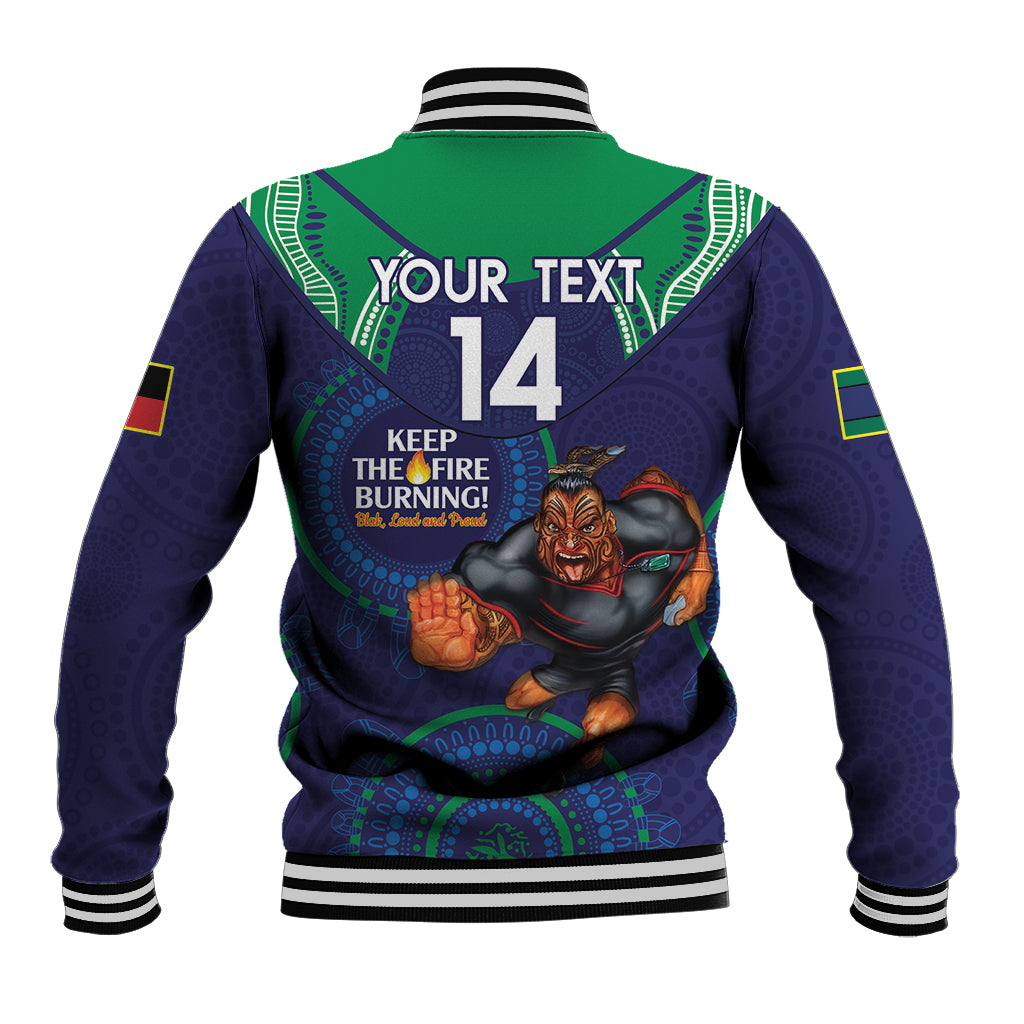 Custom NRL Warriors NAIDOC Week Baseball Jacket Keep The Fire Burning Indigenous Art