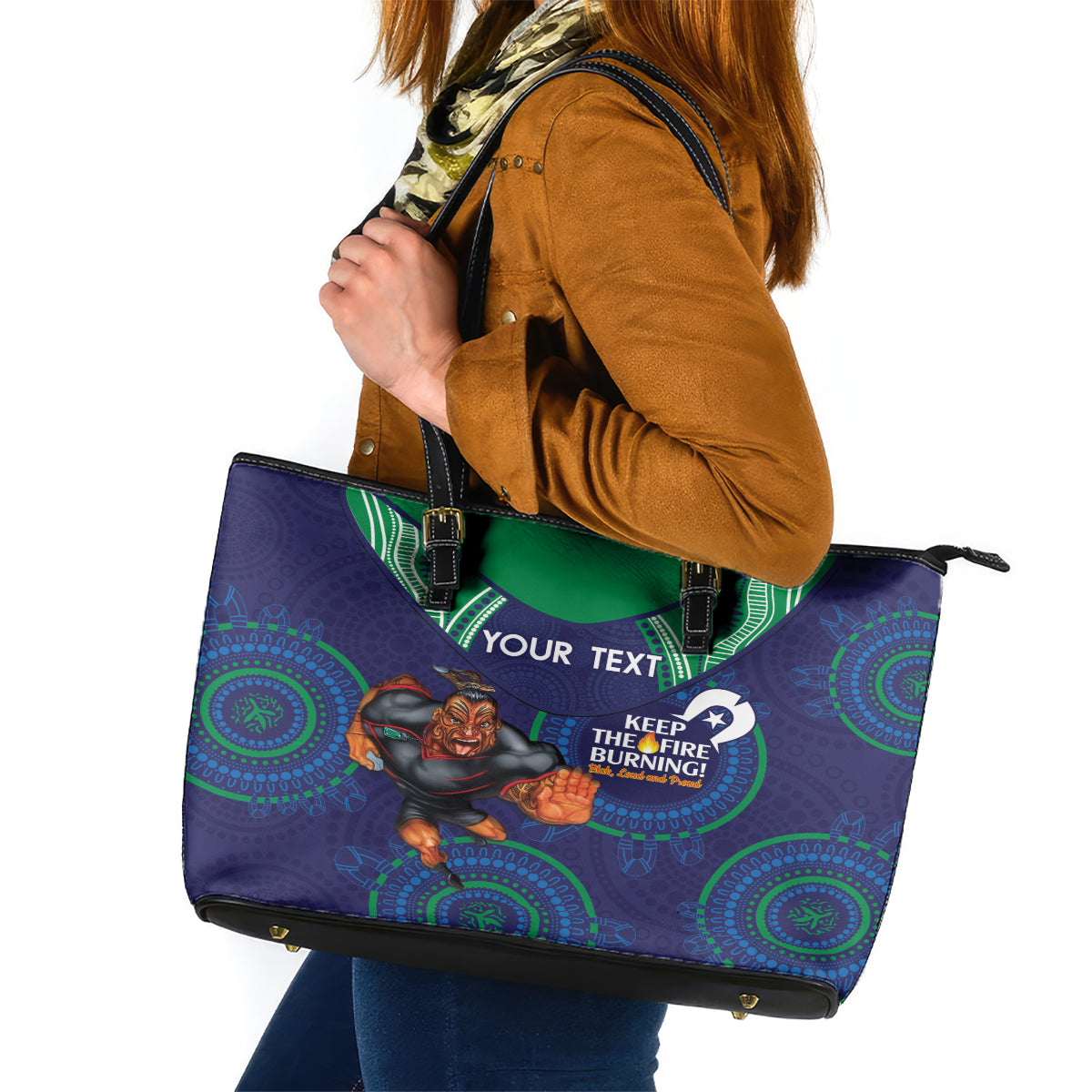 Custom NRL Warriors NAIDOC Week Leather Tote Bag Keep The Fire Burning Indigenous Art