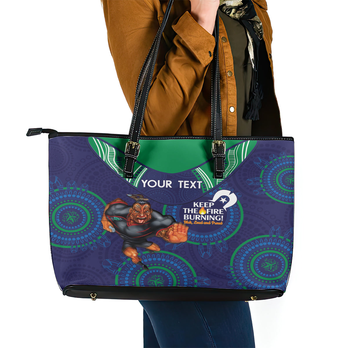 Custom NRL Warriors NAIDOC Week Leather Tote Bag Keep The Fire Burning Indigenous Art