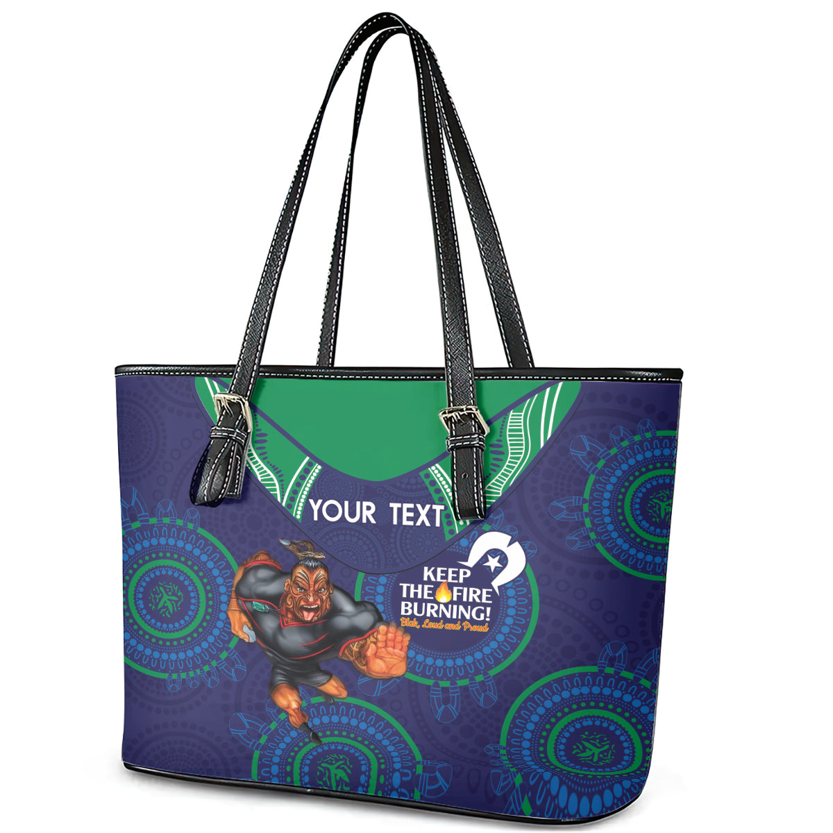 Custom NRL Warriors NAIDOC Week Leather Tote Bag Keep The Fire Burning Indigenous Art