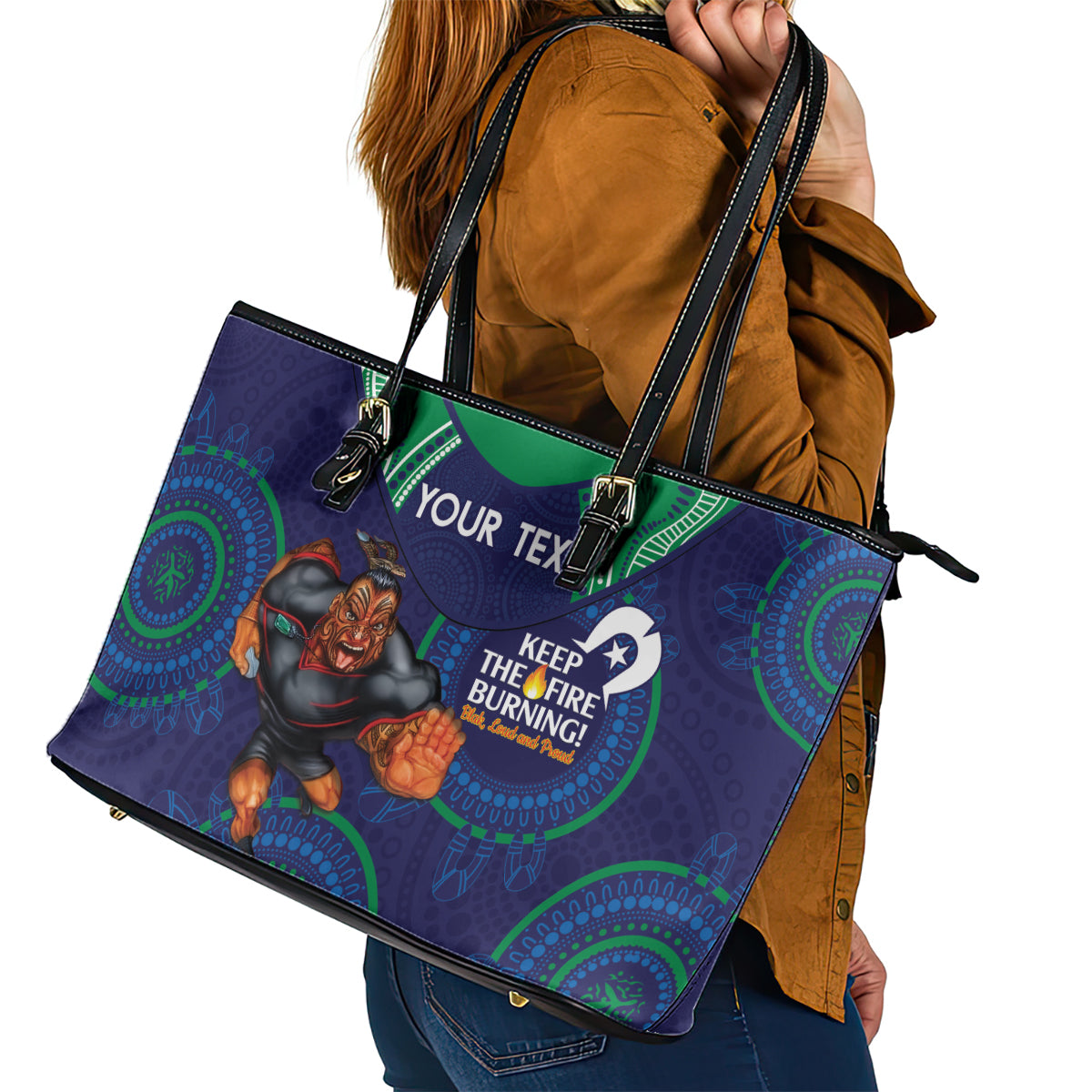 Custom NRL Warriors NAIDOC Week Leather Tote Bag Keep The Fire Burning Indigenous Art