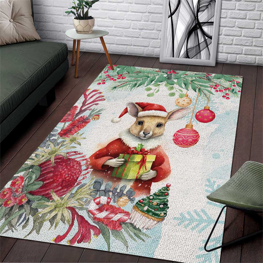 Australia Christmas Area Rug Kangaroo Santa With Aussie Flower - Watercolor