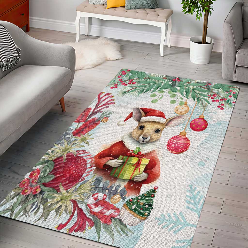 Australia Christmas Area Rug Kangaroo Santa With Aussie Flower - Watercolor