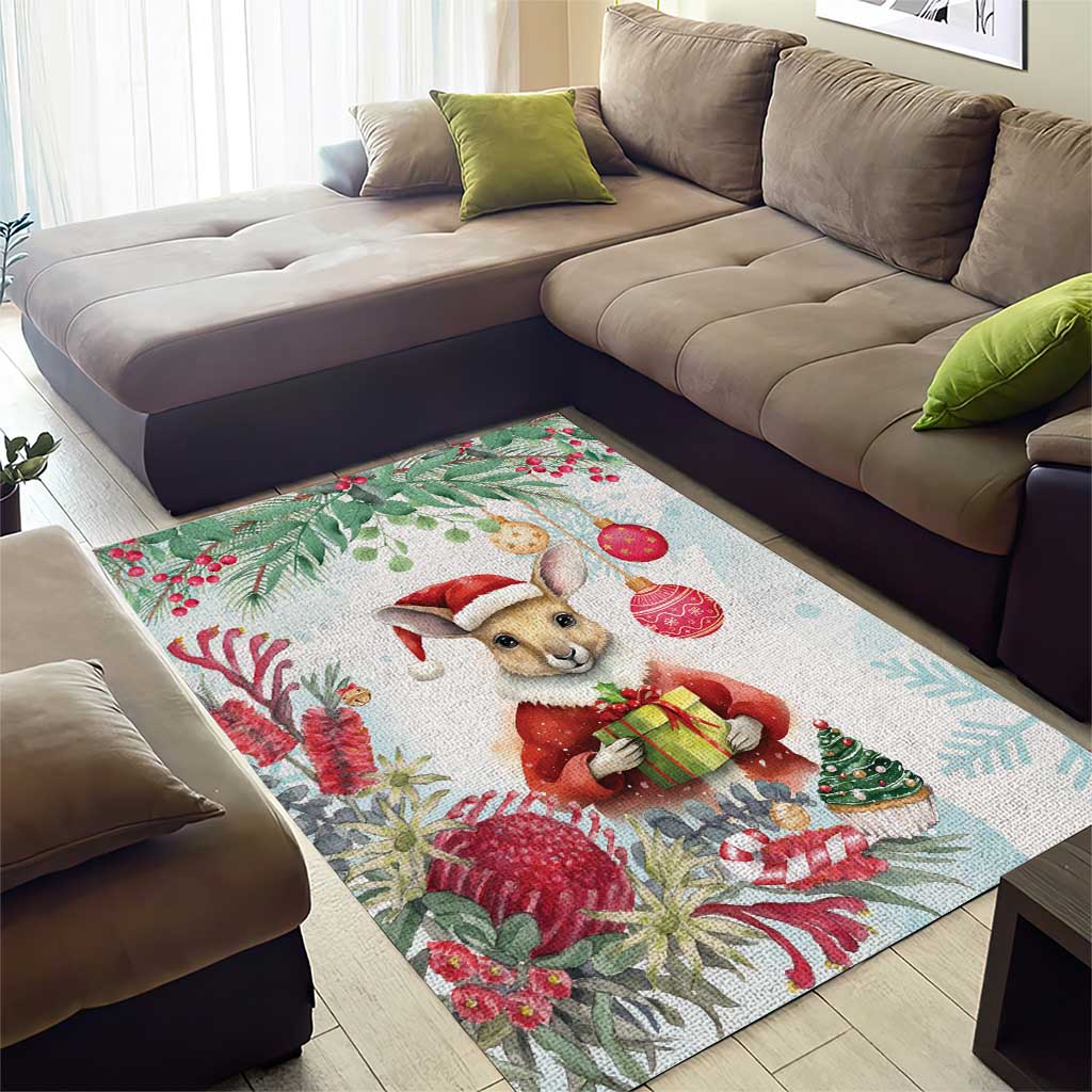 Australia Christmas Area Rug Kangaroo Santa With Aussie Flower - Watercolor