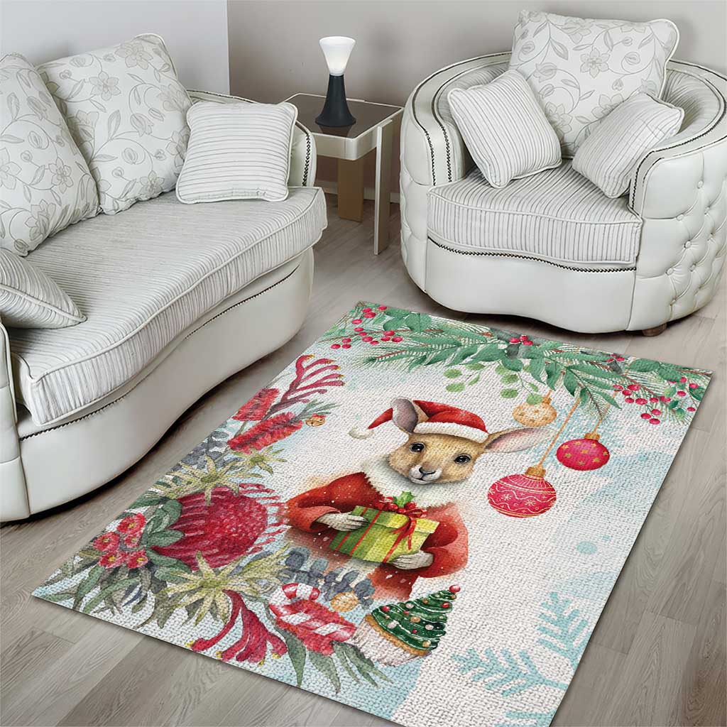 Australia Christmas Area Rug Kangaroo Santa With Aussie Flower - Watercolor