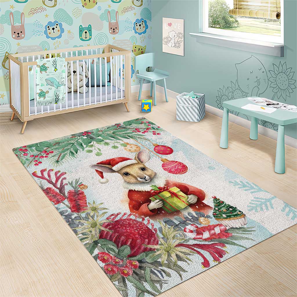 Australia Christmas Area Rug Kangaroo Santa With Aussie Flower - Watercolor