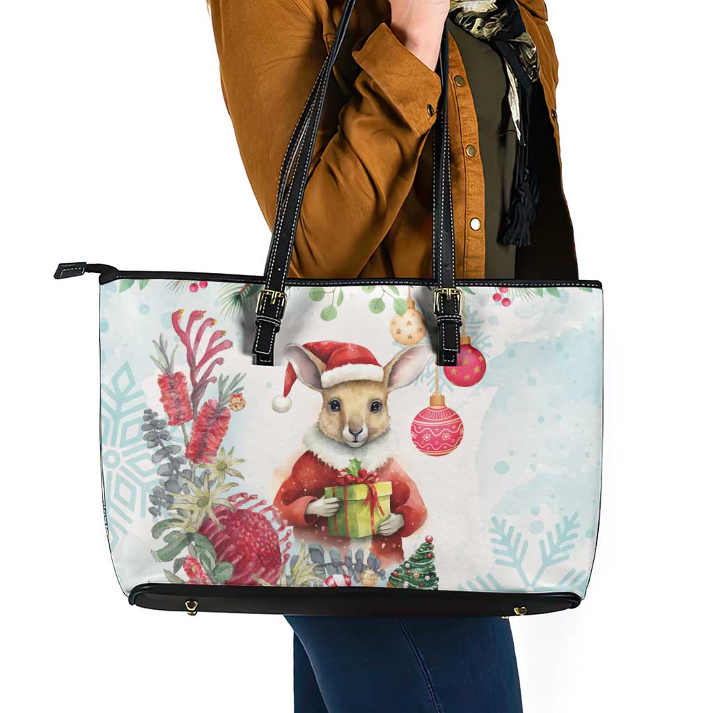 Australia Christmas Leather Tote Bag Kangaroo Santa With Aussie Flower - Watercolor