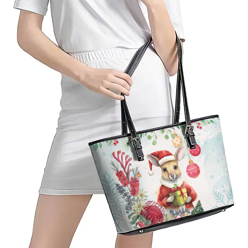 Australia Christmas Leather Tote Bag Kangaroo Santa With Aussie Flower - Watercolor