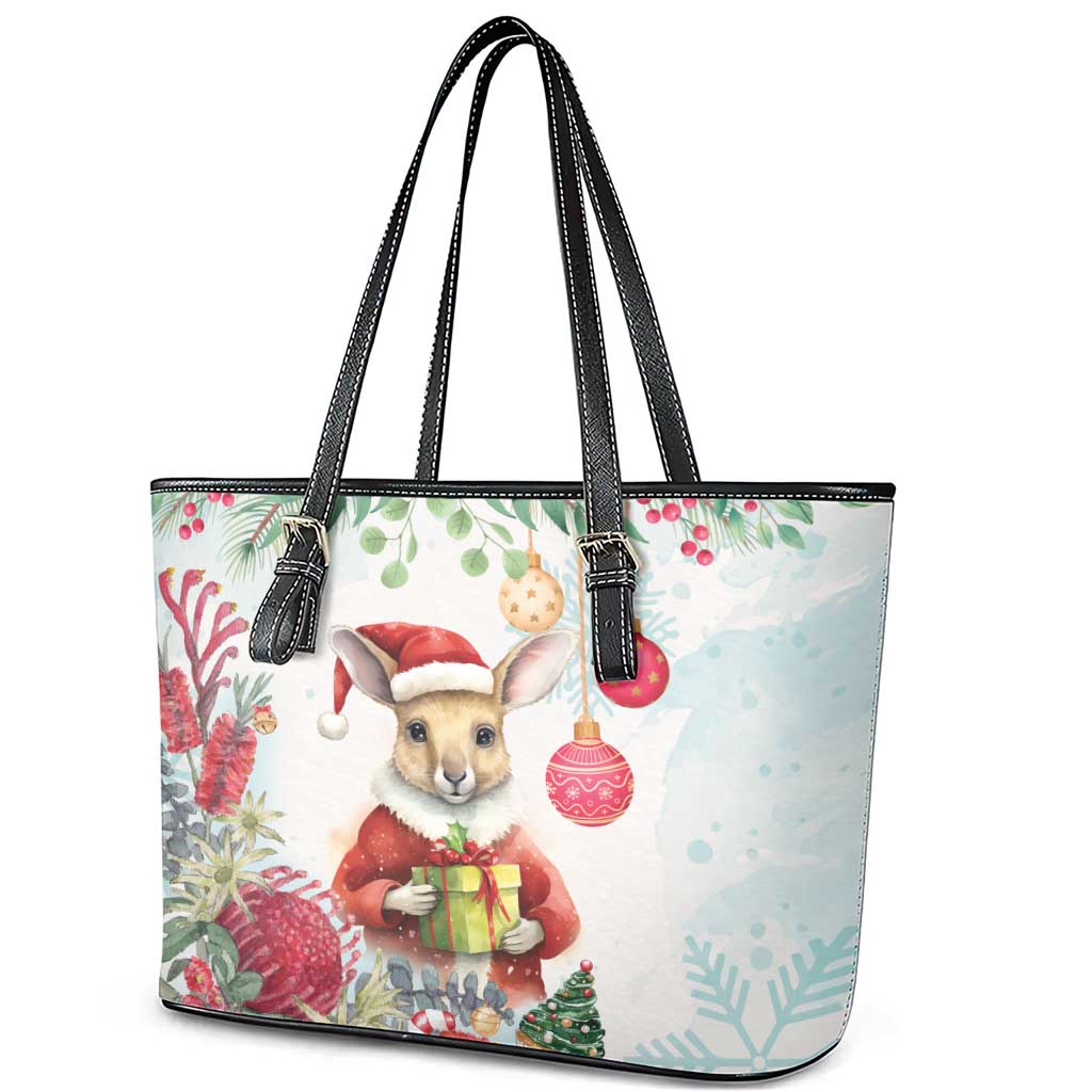 Australia Christmas Leather Tote Bag Kangaroo Santa With Aussie Flower - Watercolor