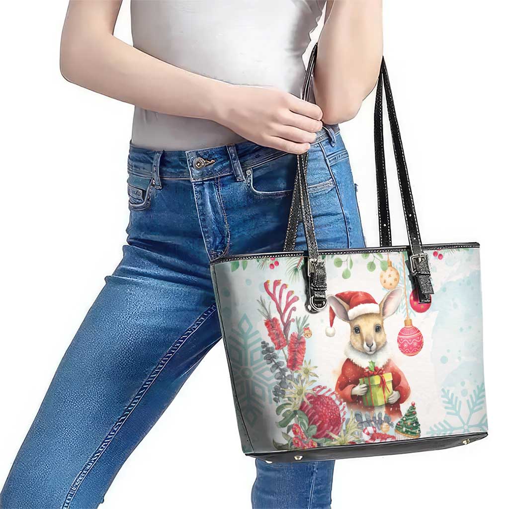 Australia Christmas Leather Tote Bag Kangaroo Santa With Aussie Flower - Watercolor