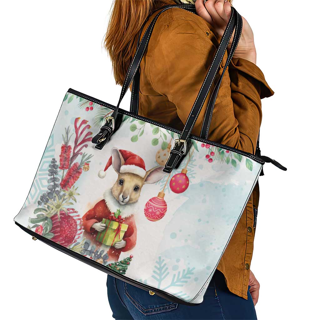 Australia Christmas Leather Tote Bag Kangaroo Santa With Aussie Flower - Watercolor